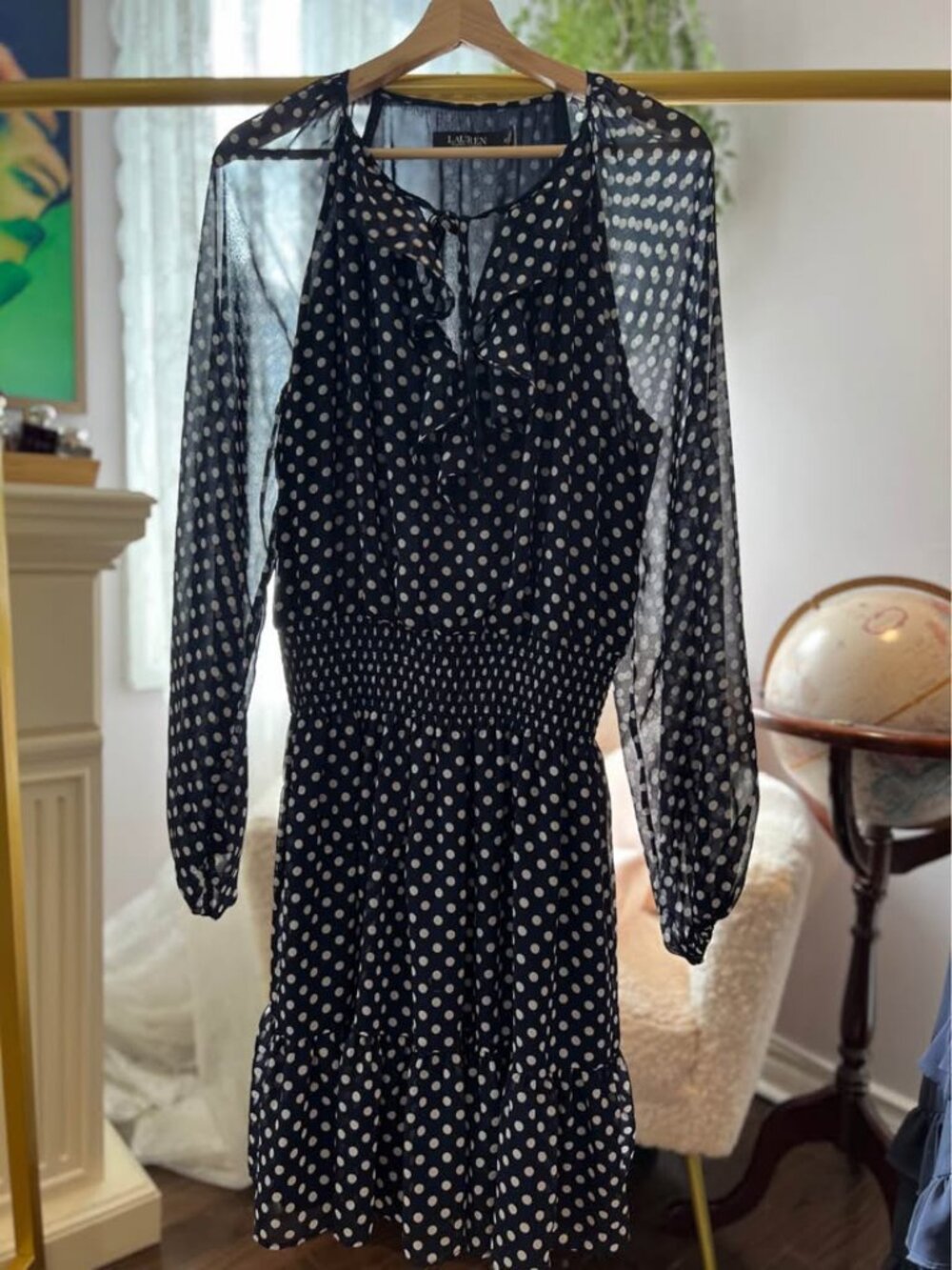 Ralph Lauren Polka-Dot Chiffon Long-Sleeve Dress - size 12